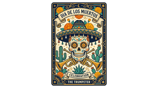 Dia de los Muertos Skull with Trumpets, Sombrero, Cacti - Mexican Celebration Art