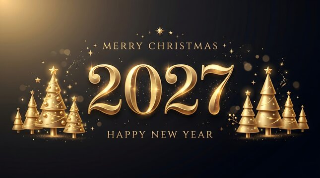 Golden christmas and new year wishes 2027 with glowing trees