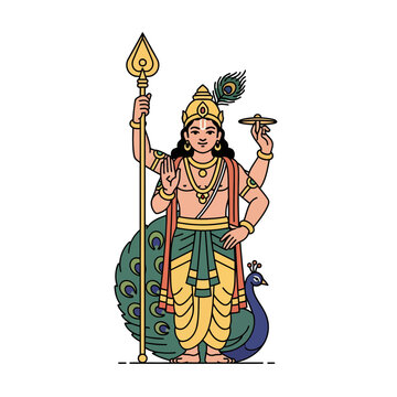 Skanda Sashti festival illustration of Kartikeya with peacock