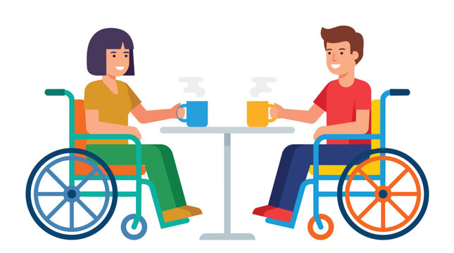 Wheelchair users socializing over coffee in vibrant flat vector for social inclusion advocacy