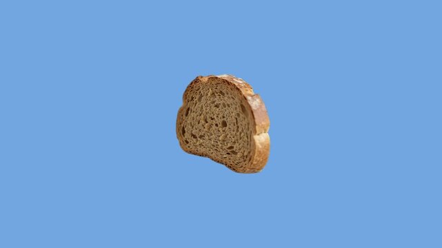 A clean 3D render of a single slice of whole grain wheat bread suspended over a solid blue studio background. Suitable for bakery promotional banners, breakfast menu graphics, healthy eating ads, and 