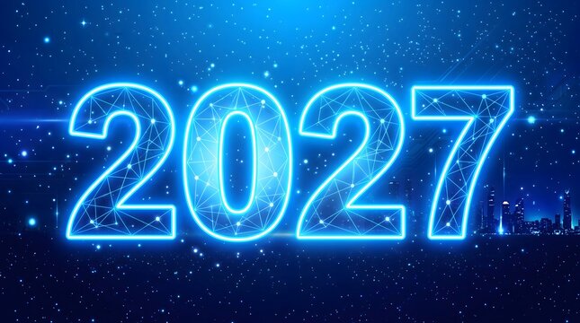 Glowing neon 2027 year in the dark blue sky with cityscape