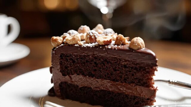 A close-up shot of a rich chocolate layer cake slice topped with roasted hazelnuts and powdered sugar, served on a white ceramic plate with a silver fork on a wooden table.