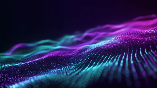Vibrant neon wave pattern with purple, blue, and teal hues, abstract digital background, futuristic design element, glowing lines and dots, seamless texture for tech and innovation visuals
