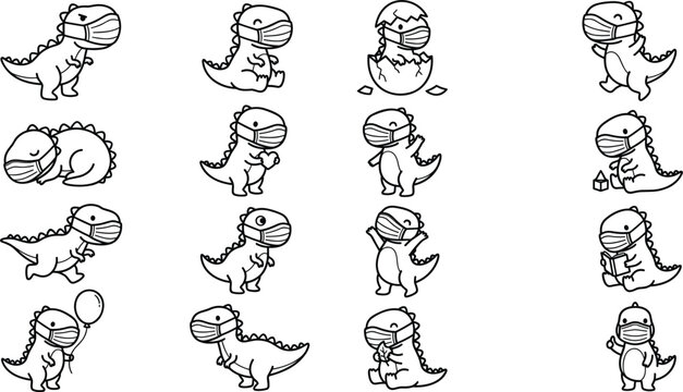Cute cartoon dinosaur coloring book vector set with funny little dino characters wearing face masks