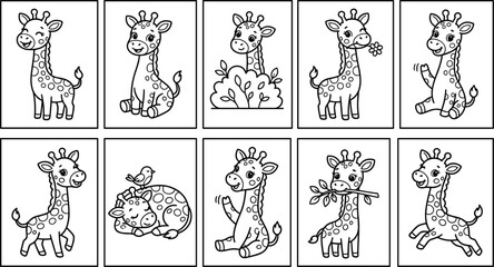 Cute cartoon giraffe coloring book vector set with funny little safari animal characters for kids © MdAungur