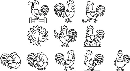 Cute cartoon rooster coloring book vector set with funny farm bird livestock animal characters © MdAungur