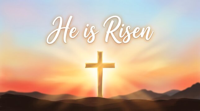 He is risen easter illustration golden cross against sunset sky