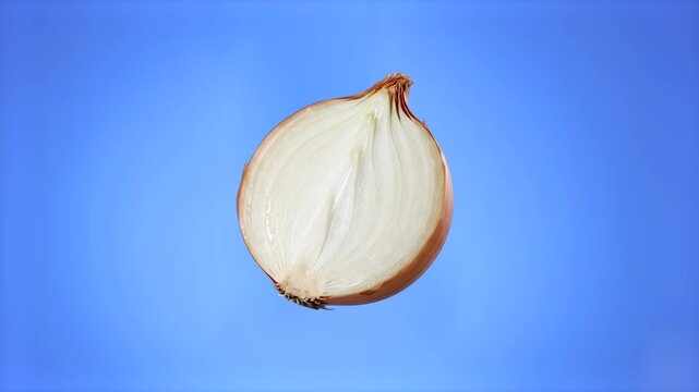 A close-up 3D render of a fresh brown onion cut in half, showcasing its clean inner layers as it spins in a seamless 360-degree turntable loop. Set against a solid light blue studio backdrop.