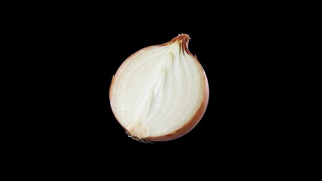 A detailed 3D illustration of a fresh yellow onion sliced in half, showing its inner layers and skin against a solid dark black backdrop. Perfect for culinary tutorials, vegetable shop marketing, reci