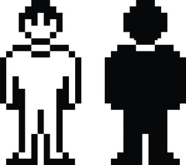 Fototapeta premium Pixel style of a male and female figure, represented as solid black and white shapes for retro gaming or digital interface