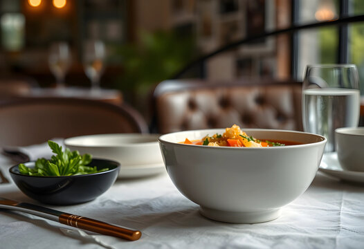 Bowl of solyanka soup served on restaurant table
