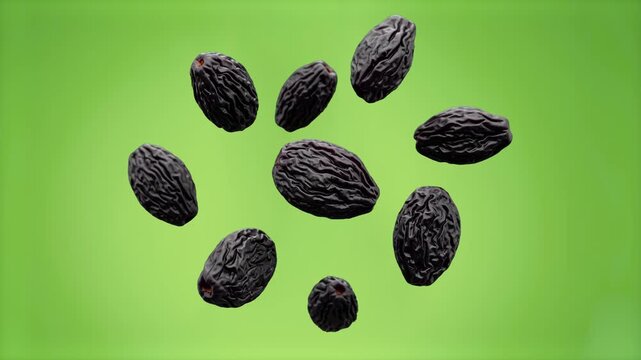 A group of dark dried raisins or black prunes floating in mid-air, isolated on a solid green chroma key background. Perfect for healthy snack commercials, dried fruit product branding, cereal ad overl