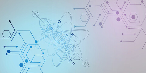 Obraz premium Dna Double Helix Illustration With Molecular Structures And Hexagonal Pattern