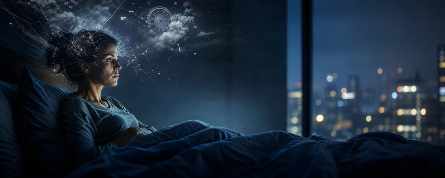 Sleepless woman battling nighttime hyperarousal in bed