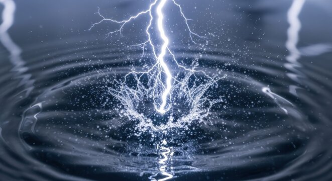 Lightning striking water with explosive splash and reflection