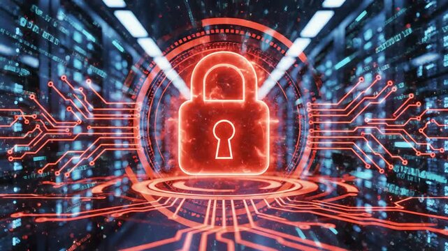 Cybersecurity padlock icon in a modern data center server room. 4K Video