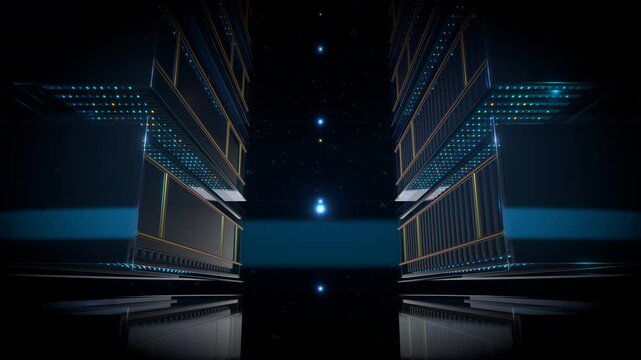 Wide floating overhead crane perspective soaring above a massive data center featuring a submerged industrial computing environment inside a organized symmetric server clusters.