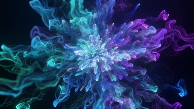 Vibrant abstract fractal bloom with swirling purple, blue, and teal tendrils on dark background, creating mesmerizing patterns and textures, ideal for backgrounds and design elements
