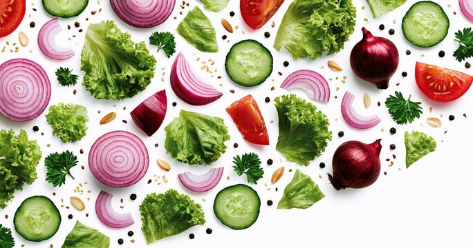 Vegetables pattern with fresh raw lettuce tomato cucumber and onion on white base