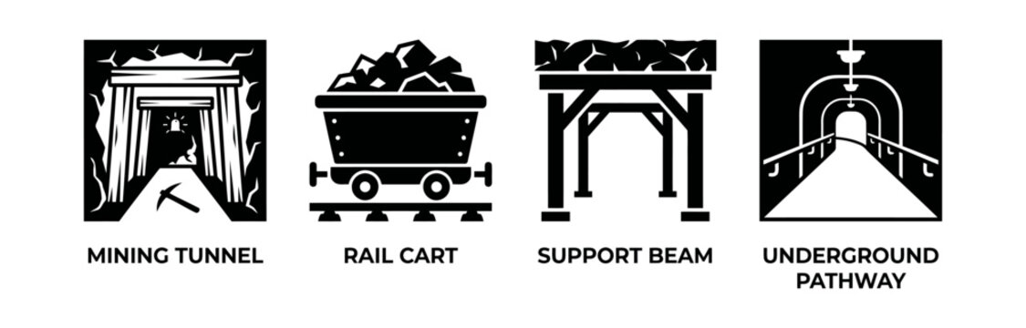 Essential vector icons illustrating subterranean mining infrastructure, featuring tunnels, ore transport, and robust structural support systems for deep earth excavation projects