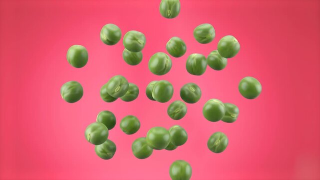Fresh green peas falling and floating dynamically in air, set against a vibrant pink studio backdrop. Great for healthy food commercials, vegetarian recipe videos, organic farming promotions, and colo