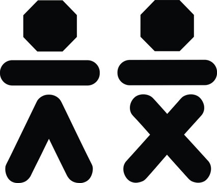 Two abstract human figures with geometric heads and bodies, one with legs shaped like an inverted v and the other with an x shape, black