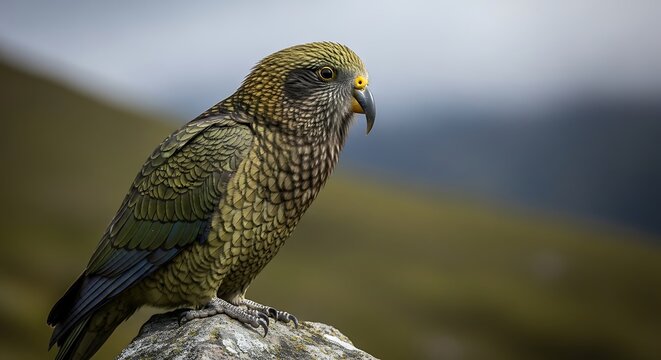 Kea mountain parrot perched on a rock in the wild
