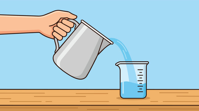 Water pouring from silver pitcher into glass beaker in clean flat vector for scientific education marketing
