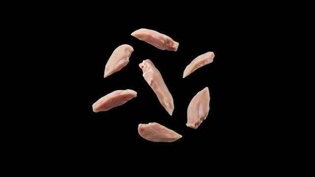 A detailed 3D render of fresh raw chicken breast tenders and mini fillets falling and floating in mid-air against a solid black background. Ideal for butcher shop marketing, meat product advertisement