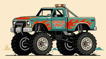 Retro Flat Vector Monster Truck with Flame Graphics and "Monster Smash" Logo, Side View on Sandy Terrain with Copy Space, Vintage Off-Road Vehicle Illustration © alfih