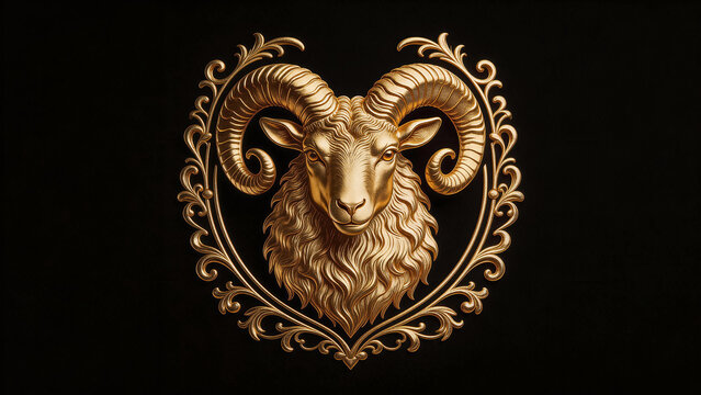 Golden ram head in ornate frame