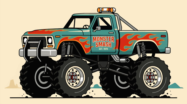 Retro Flat Vector Monster Truck with Flame Graphics and "Monster Smash" Logo, Side View on Sandy Terrain with Copy Space, Vintage Off-Road Vehicle Illustration
