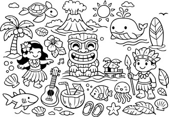 Fototapeta premium Océanie, monuments emblématiques, dessin au trait dessiné à la main, coloriage pour enfants