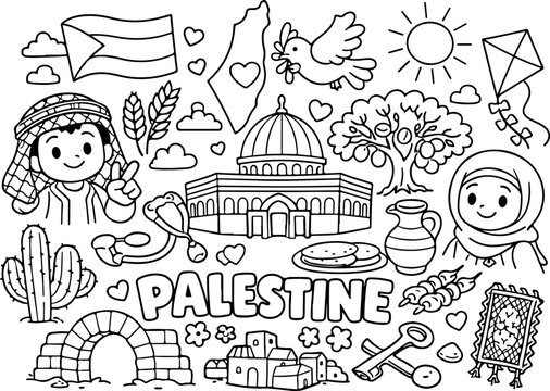 Palestine, monuments embl&eacute;matiques, dessin au trait dessin&eacute; &agrave; la main, coloriage pour enfants