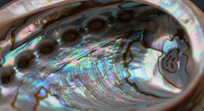 Close-up of Iridescent Abalone Shell Interior Showing Pearly Textures