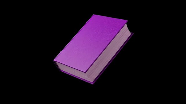 A sleek 3D purple hardcover book resting closed at an angle, isolated on a solid dark black background. Excellent for mystery literature promos, fantasy book trailers, digital publishing ads, and mode