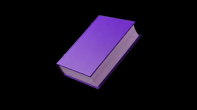 A thick closed book with a vibrant purple hardback cover suspended at an angle against a pure black background. Perfect as a high-contrast design asset for education, digital publishing, and storytell