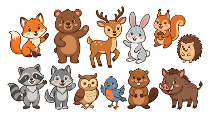Obraz premium Cartoon Forest Animals Vector EPS 10 Cute Woodland Animal Collection Isolated on White Background
