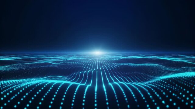Futuristic glowing blue digital wave pattern with neon lines and dots on dark background, technology and innovation concept, abstract sci-fi wallpaper
