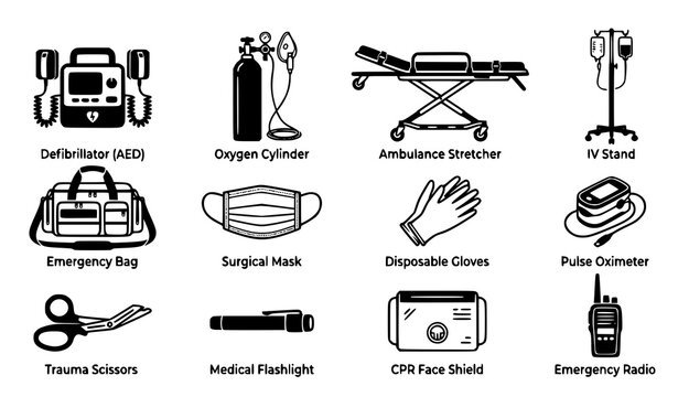 Emergency Medical and First Responder Equipment Icon Set Featuring Defibrillator Oxygen Stretcher Trauma Scissors and Rescue Tools Vectors