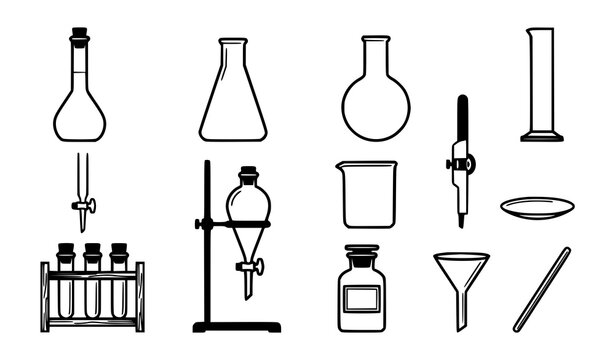 Chemistry Laboratory Glassware Icon Set Featuring Flasks Beaker Funnel Pipette Separatory Funnel and Test Tube Rack Vector Lines