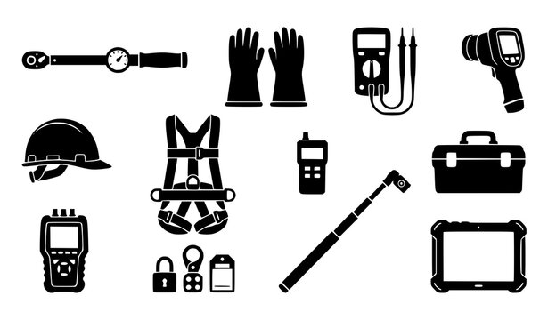 Electrical Maintenance and Industrial Inspection Safety Equipment Icon Set Featuring Harness Hardhat Multimeter Toolkit and Thermal Camera Vectors