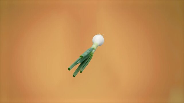 A clean 3D render of a whole fresh green spring onion floating dynamically in the air. The healthy vegetable ingredient rotates slowly against a warm, solid orange studio background.