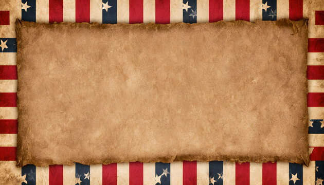 Patterned with American flag stripes and stars, framed with a decorative patriotic border design. Rustic parchment paper adds to the patriotic theme.