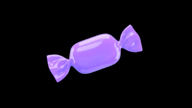 A single piece of sweet confectionery wrapped in a glossy purple cellophane wrapper floating against a pure black background. This high-quality 3D animation asset is designed for easy video compositin