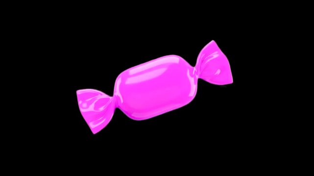 A glossy 3D animated vibrant pink wrapped candy or hard bonbon floating at an angle against a solid black backdrop. This high-contrast confectionery asset provides a premium, striking look for food ma