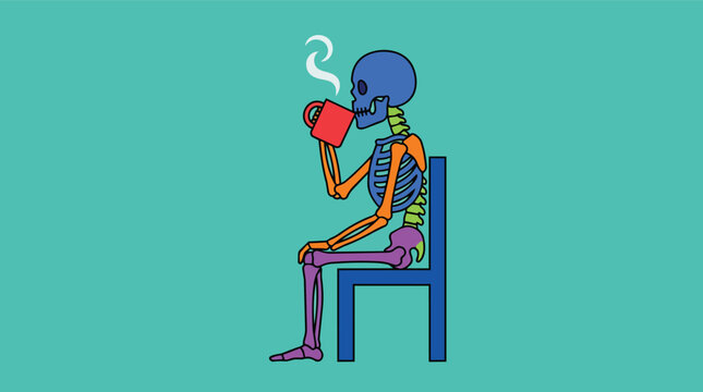 Colorful skeleton drinking hot coffee in minimalist flat vector for quirky lifestyle branding
