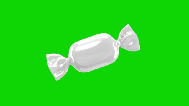 A glossy white mint or milk hard candy wrapped in a classic twisted clear wrapper, rotating in a continuous turntable loop. Isolated on a chroma key green screen for effortless background removal.