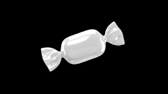 A classic piece of sweet confectionery in a glossy white or transparent wrapper floating in mid-air. This clean 3D render is isolated on a solid black background, perfect for dessert promotions and ca